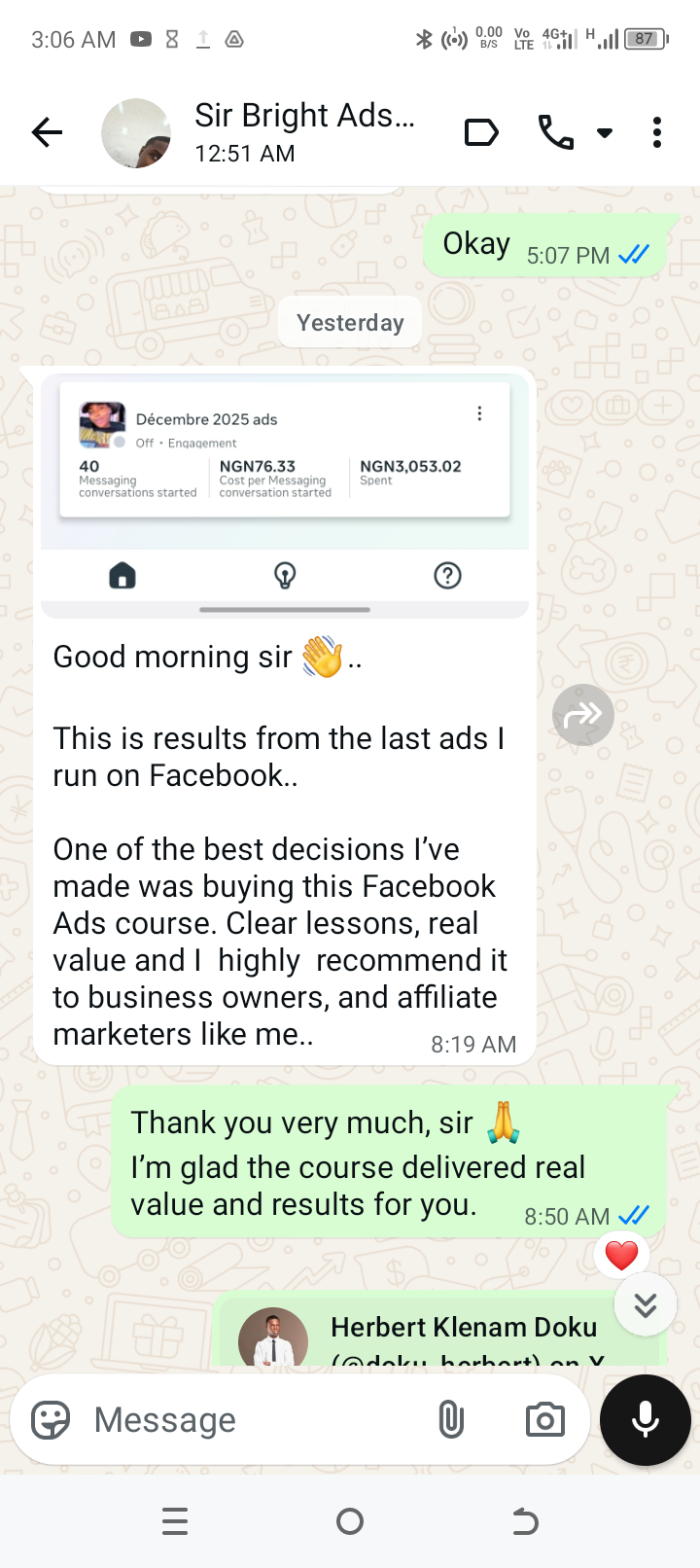 WhatsApp screenshot: Sir Bright shares 40 messaging conversations from NGN 3,053 ad spend after the course