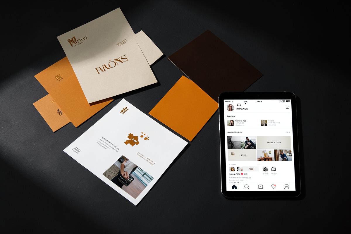Brand design boards and advertising creatives on a dark desk